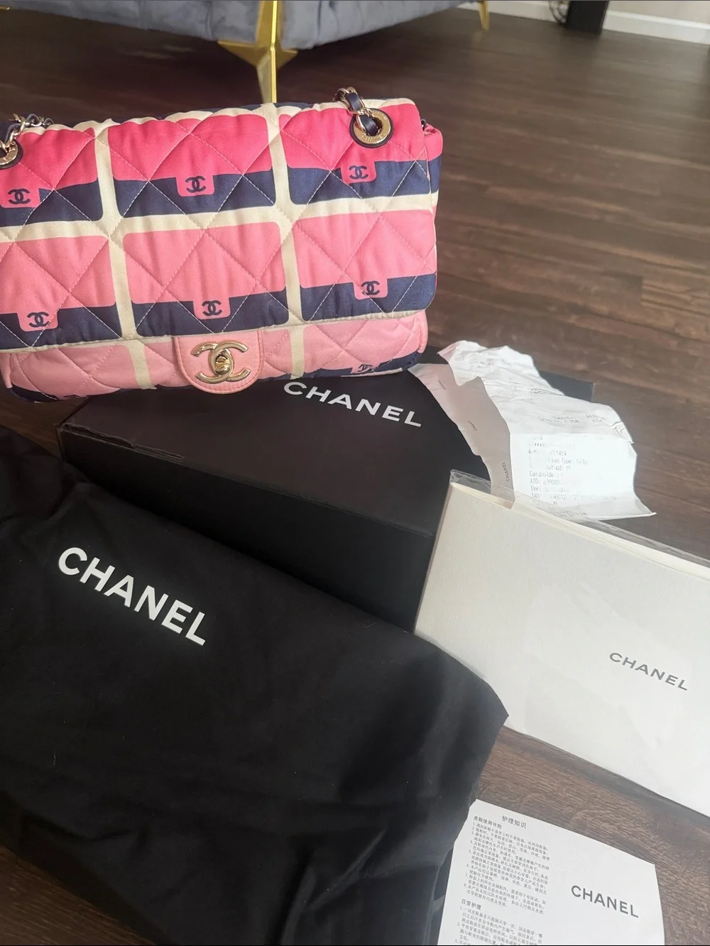 CHANEL Pink Quilted Shoulder Bag with Navy and Cream Grid